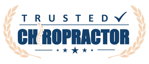 A blue and tan trusted chiropractor badge.
