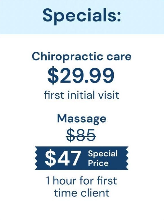 Chiropractic Ocoee FL New Patient Special Offers Specials offers, chiropractic care $29.99 first visit. Massage $47 for 1 hour for first time client.